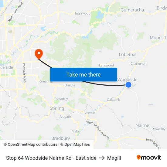 Stop 64 Woodside Nairne Rd - East side to Magill map