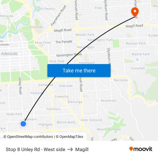 Stop 8 Unley Rd - West side to Magill map