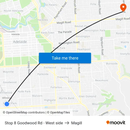 Stop 8 Goodwood Rd - West side to Magill map