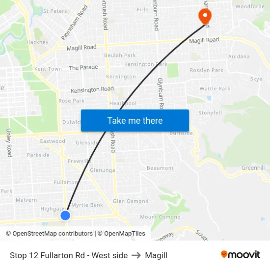 Stop 12 Fullarton Rd - West side to Magill map