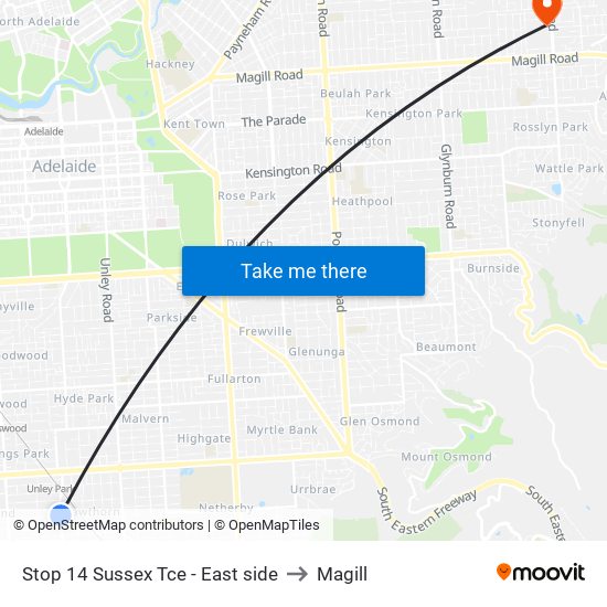 Stop 14 Sussex Tce - East side to Magill map