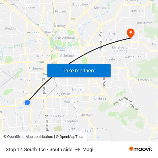 Stop 14 South Tce - South side to Magill map