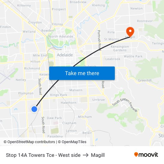 Stop 14A Towers Tce - West side to Magill map