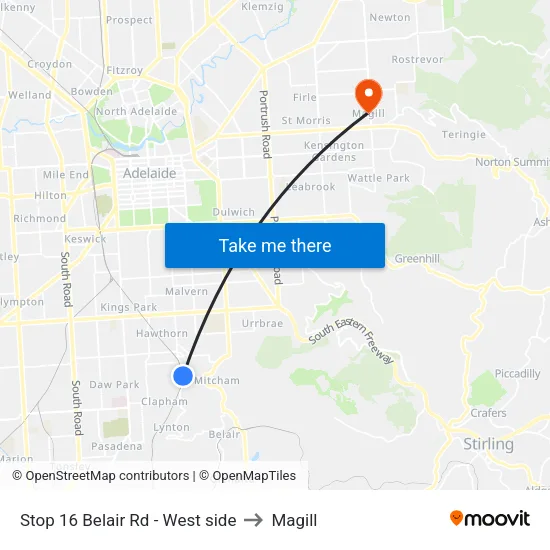 Stop 16 Belair Rd - West side to Magill map
