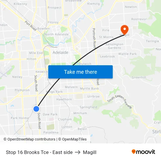 Stop 16 Brooks Tce - East side to Magill map