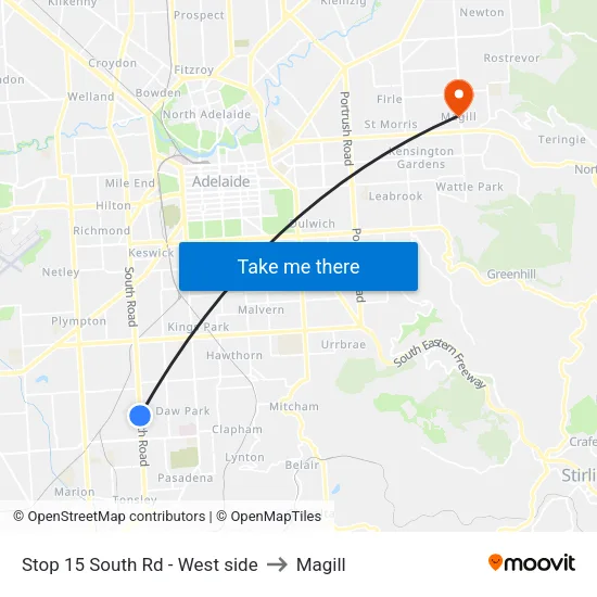 Stop 15 South Rd - West side to Magill map