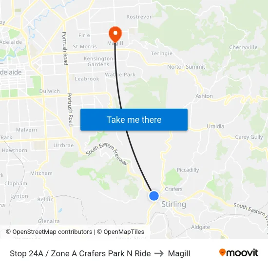 Stop 24A / Zone A Crafers Park N Ride to Magill map