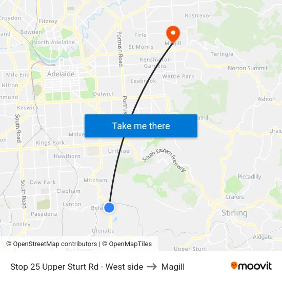 Stop 25 Upper Sturt Rd - West side to Magill map