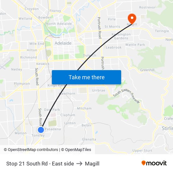 Stop 21 South Rd - East side to Magill map