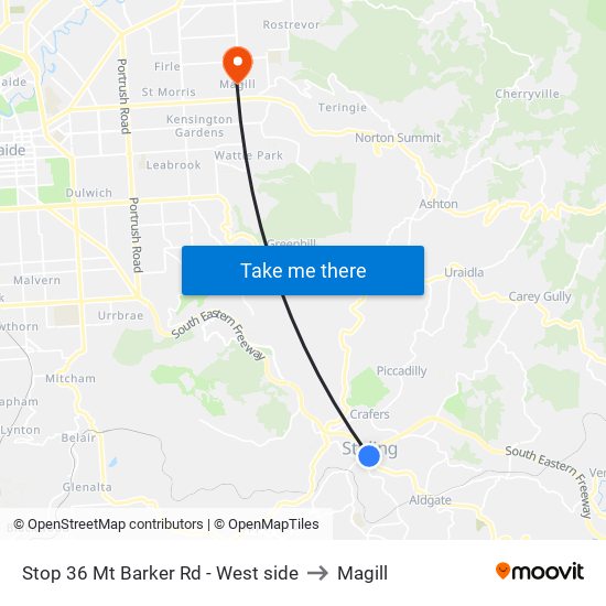 Stop 36 Mt Barker Rd - West side to Magill map