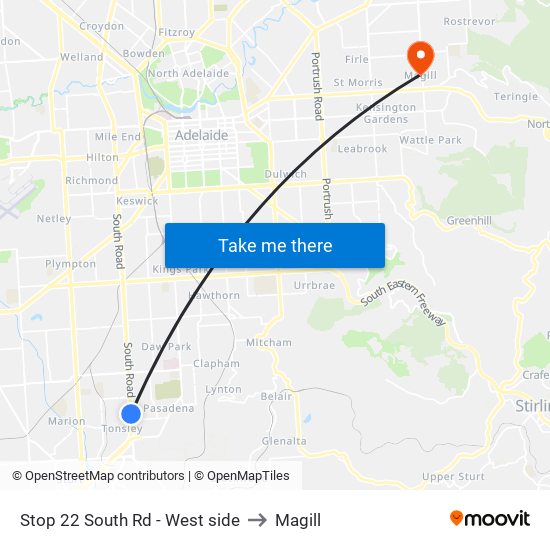 Stop 22 South Rd - West side to Magill map