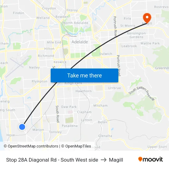 Stop 28A Diagonal Rd - South West side to Magill map