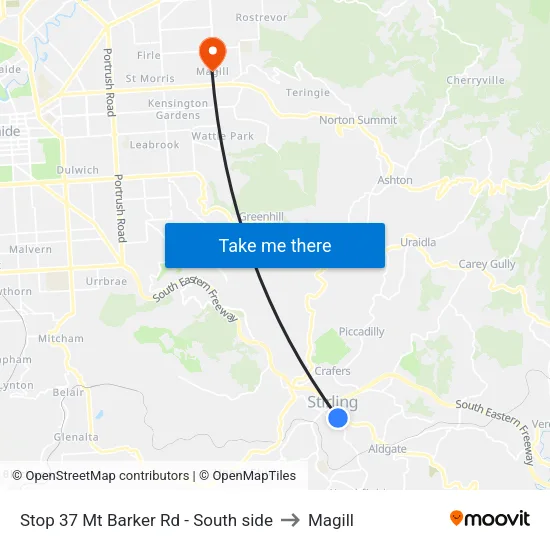 Stop 37 Mt Barker Rd - South side to Magill map