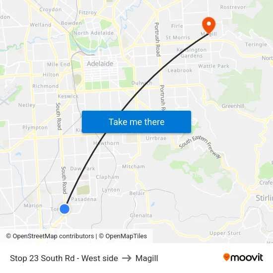 Stop 23 South Rd - West side to Magill map