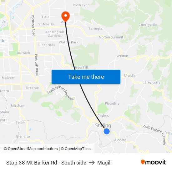 Stop 38 Mt Barker Rd - South side to Magill map