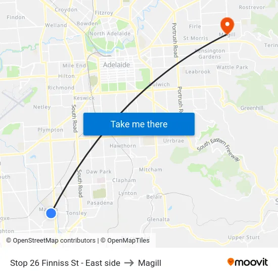 Stop 26 Finniss St - East side to Magill map
