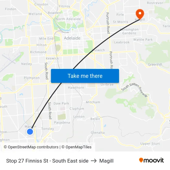 Stop 27 Finniss St - South East side to Magill map