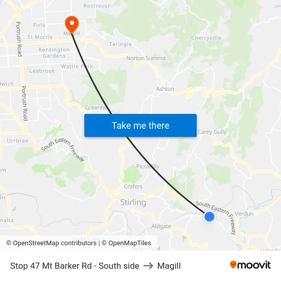 Stop 47 Mt Barker Rd - South side to Magill map