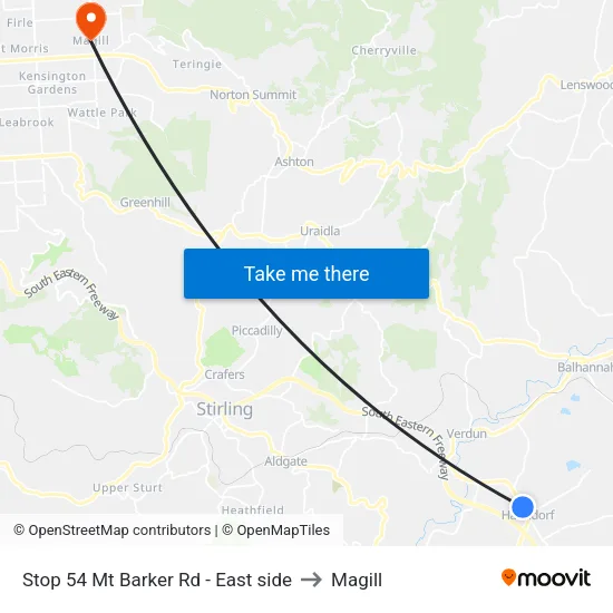 Stop 54 Mt Barker Rd - East side to Magill map