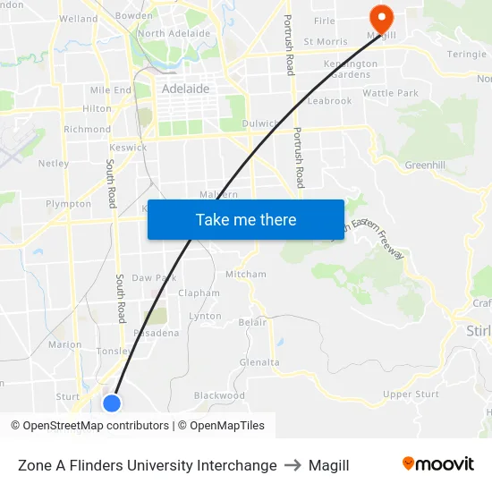 Zone A Flinders University Interchange to Magill map