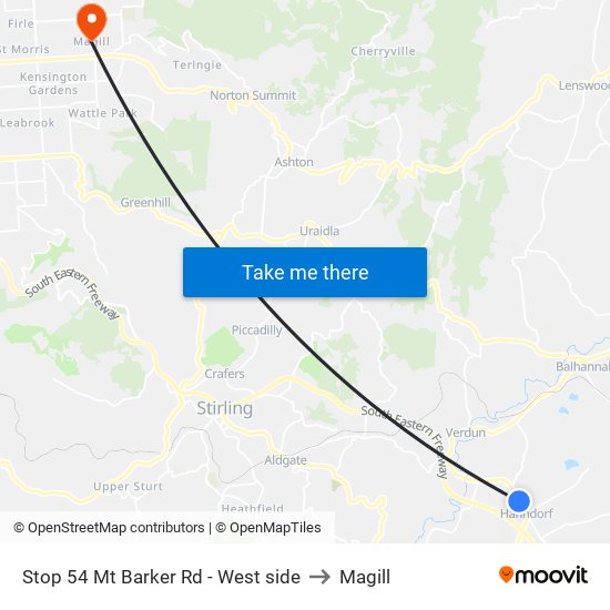 Stop 54 Mt Barker Rd - West side to Magill map