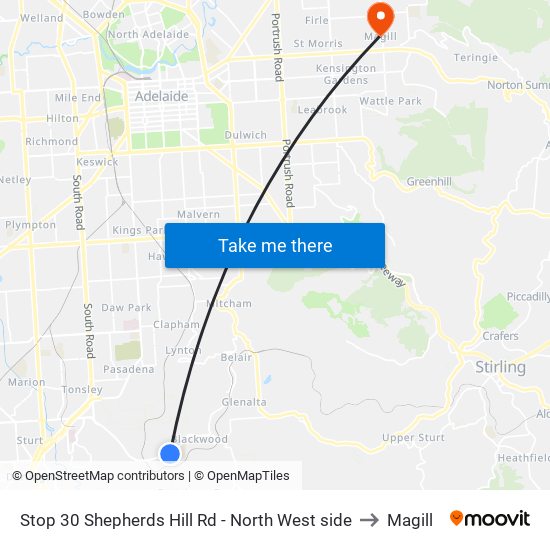 Stop 30 Shepherds Hill Rd - North West side to Magill map