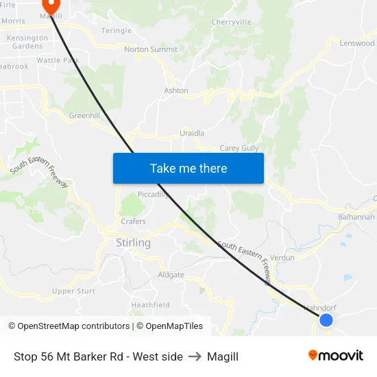 Stop 56 Mt Barker Rd - West side to Magill map