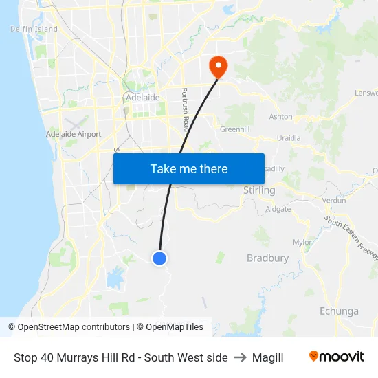 Stop 40 Murrays Hill Rd - South West side to Magill map