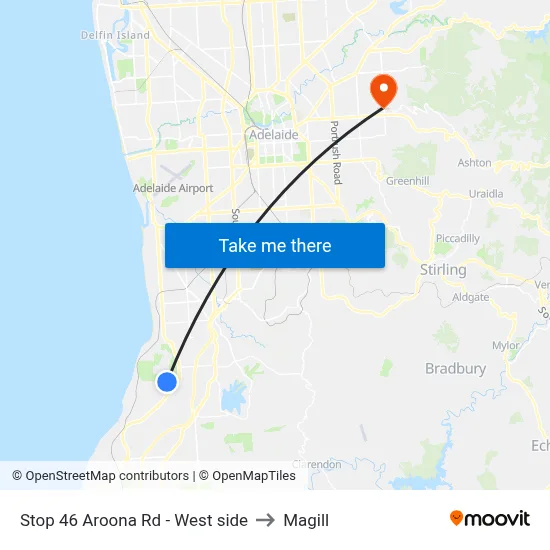 Stop 46 Aroona Rd - West side to Magill map