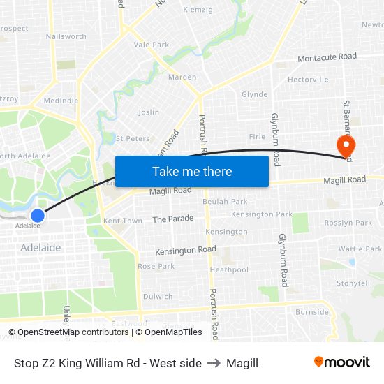 Stop Z2 King William Rd - West side to Magill map