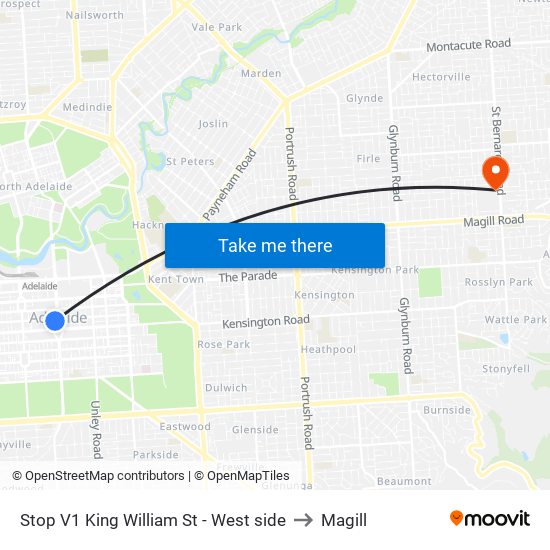 Stop V1 King William St - West side to Magill map