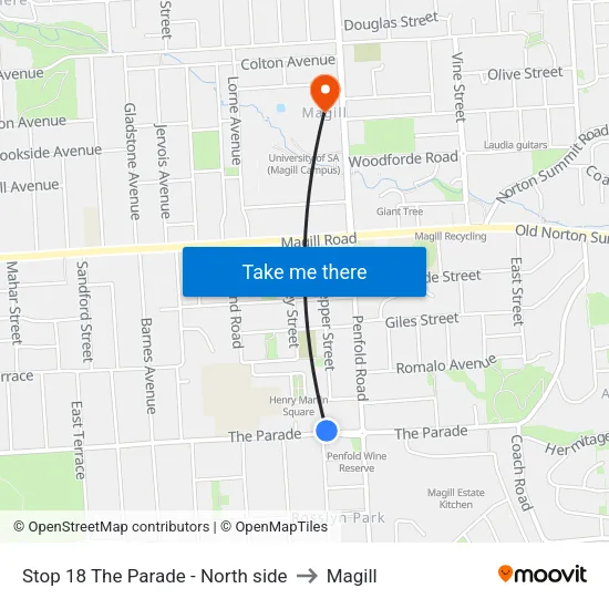 Stop 18 The Parade - North side to Magill map