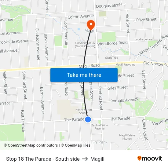 Stop 18 The Parade - South side to Magill map