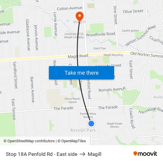 Stop 18A Penfold Rd - East side to Magill map