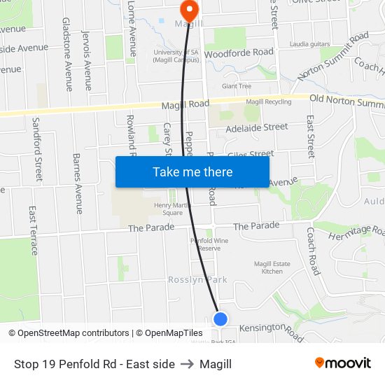 Stop 19 Penfold Rd - East side to Magill map