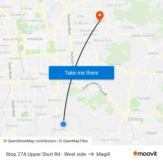 Stop 27A Upper Sturt Rd - West side to Magill map