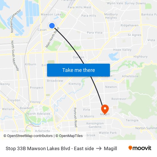 Stop 33B Mawson Lakes Blvd - East side to Magill map