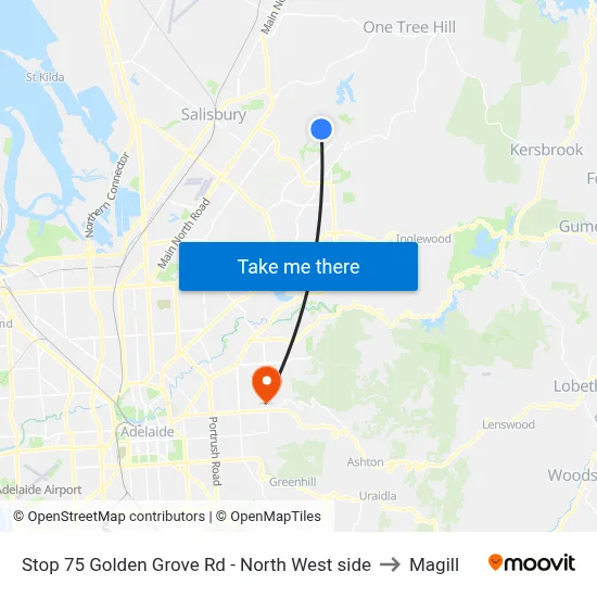 Stop 75 Golden Grove Rd - North West side to Magill map