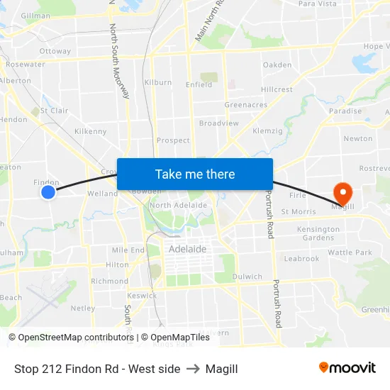 Stop 212 Findon Rd - West side to Magill map