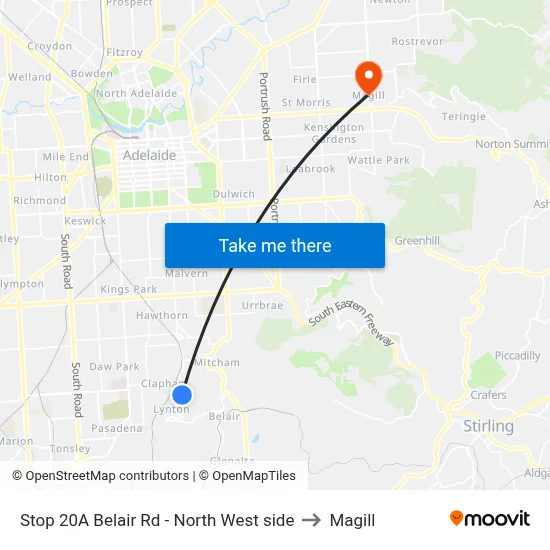 Stop 20A Belair Rd - North West side to Magill map