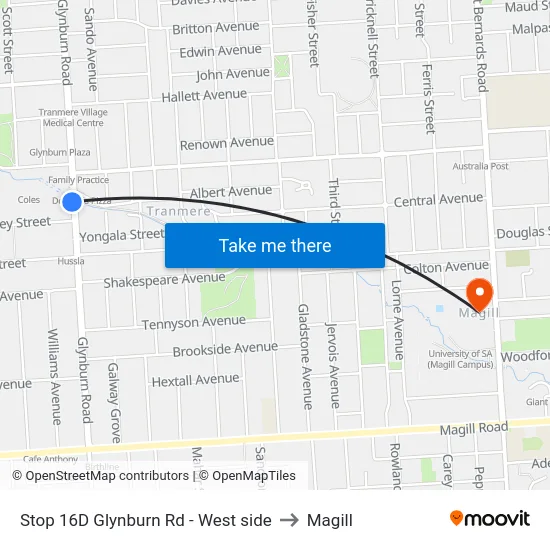 Stop 16D Glynburn Rd - West side to Magill map