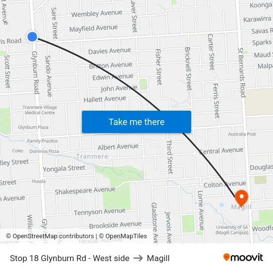 Stop 18 Glynburn Rd - West side to Magill map