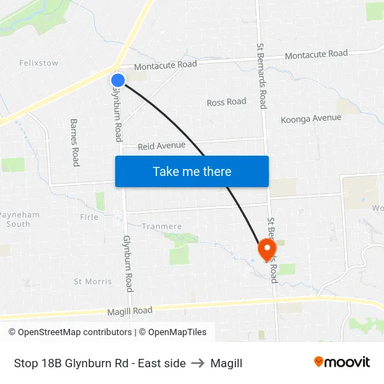 Stop 18B Glynburn Rd - East side to Magill map