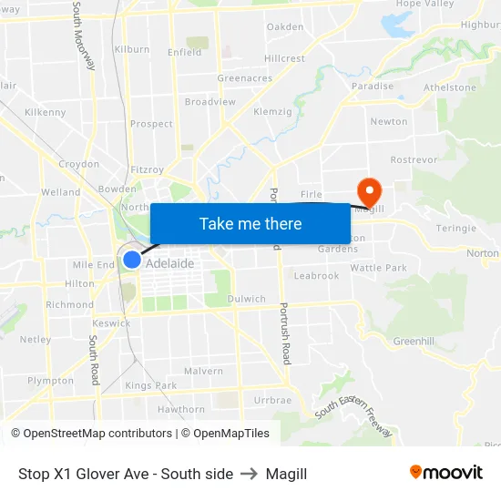 Stop X1 Glover Ave - South side to Magill map