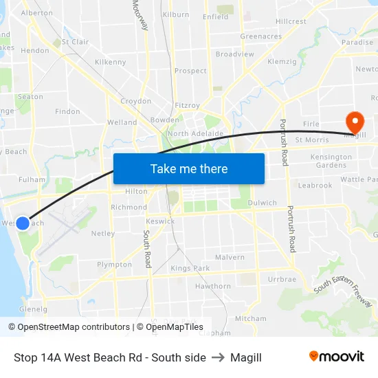 Stop 14A West Beach Rd - South side to Magill map