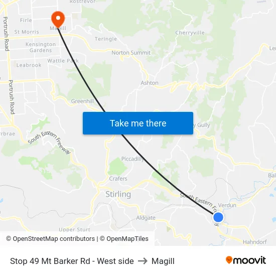 Stop 49 Mt Barker Rd - West side to Magill map