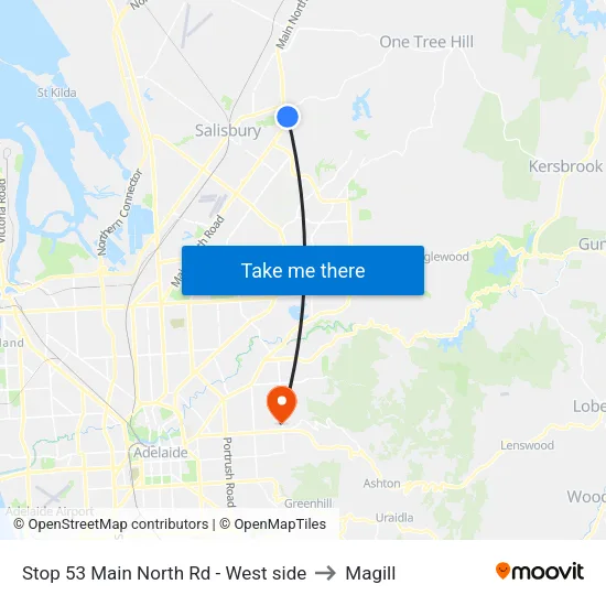 Stop 53 Main North Rd - West side to Magill map