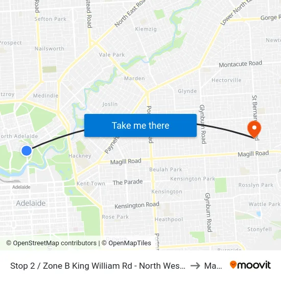 Stop 2 / Zone B King William Rd - North West side to Magill map