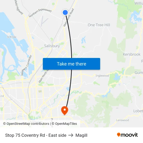 Stop 75 Coventry Rd - East side to Magill map