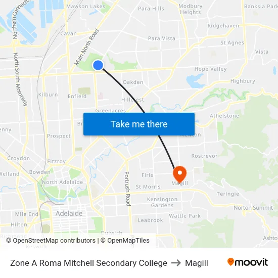 Zone A Roma Mitchell Secondary College to Magill map